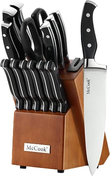 McCook MC23 14 Pieces High Carbon Stainless Steel kitchen knife set with Wooden Block, All-purpose Kitchen Scissors and Built-in Sharpener(Cherry Block)