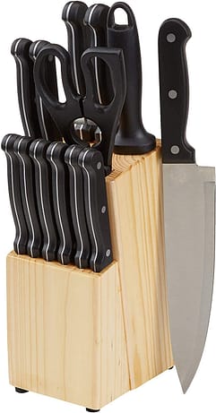 AmazonBasics 14-Piece Kitchen Knife Set with High-Carbon Stainless-Steel Blades and Pine Wood Block
