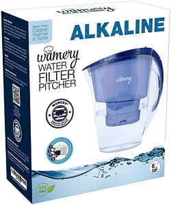 WAMERY Alkaline Water Pitcher 1.5 Liters, 6 Cup, Enhanced 2020 Slim Model, Free Filter Included, Improves pH, Removes Lead, Chlorine, Copper and more.